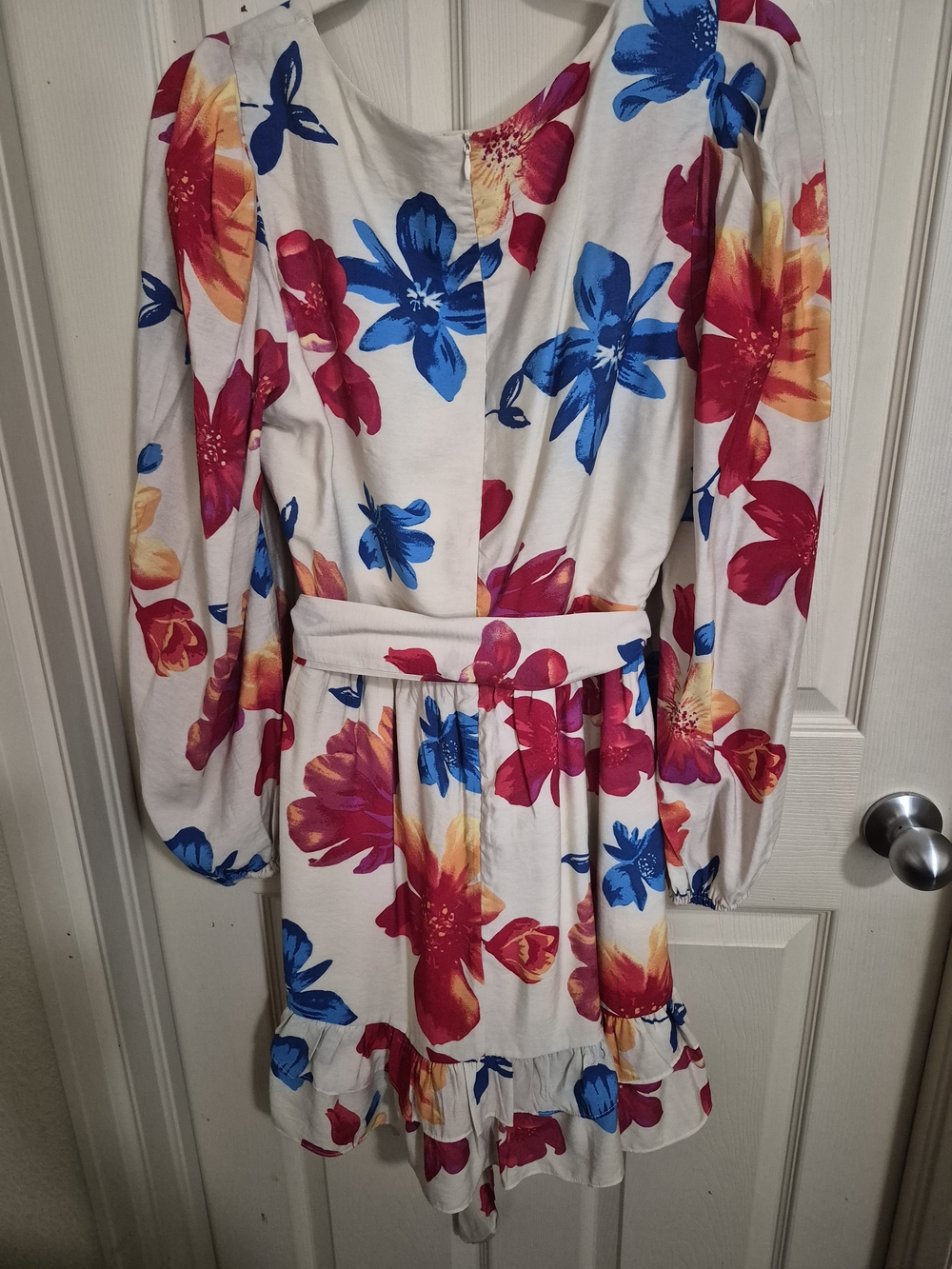 Size L Women's Floral Belted Dress - White with Blue, Pink & Orange Flowers